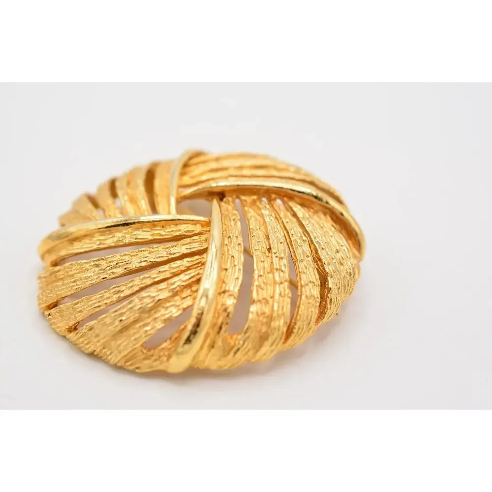 Art Vintage Round Pin Brooch Brushed Textured Gold Signed Chunky 1950s Bin4